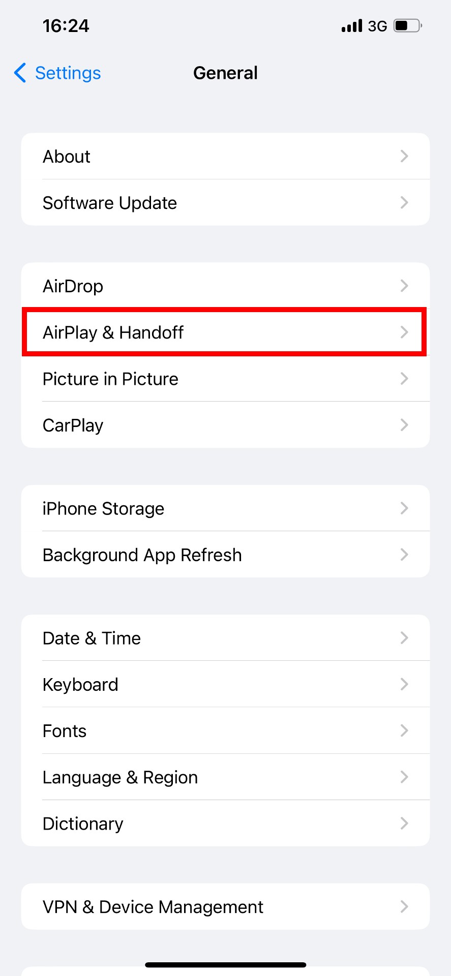 iOS general settings with "AirPlay & Handoff" highlighted