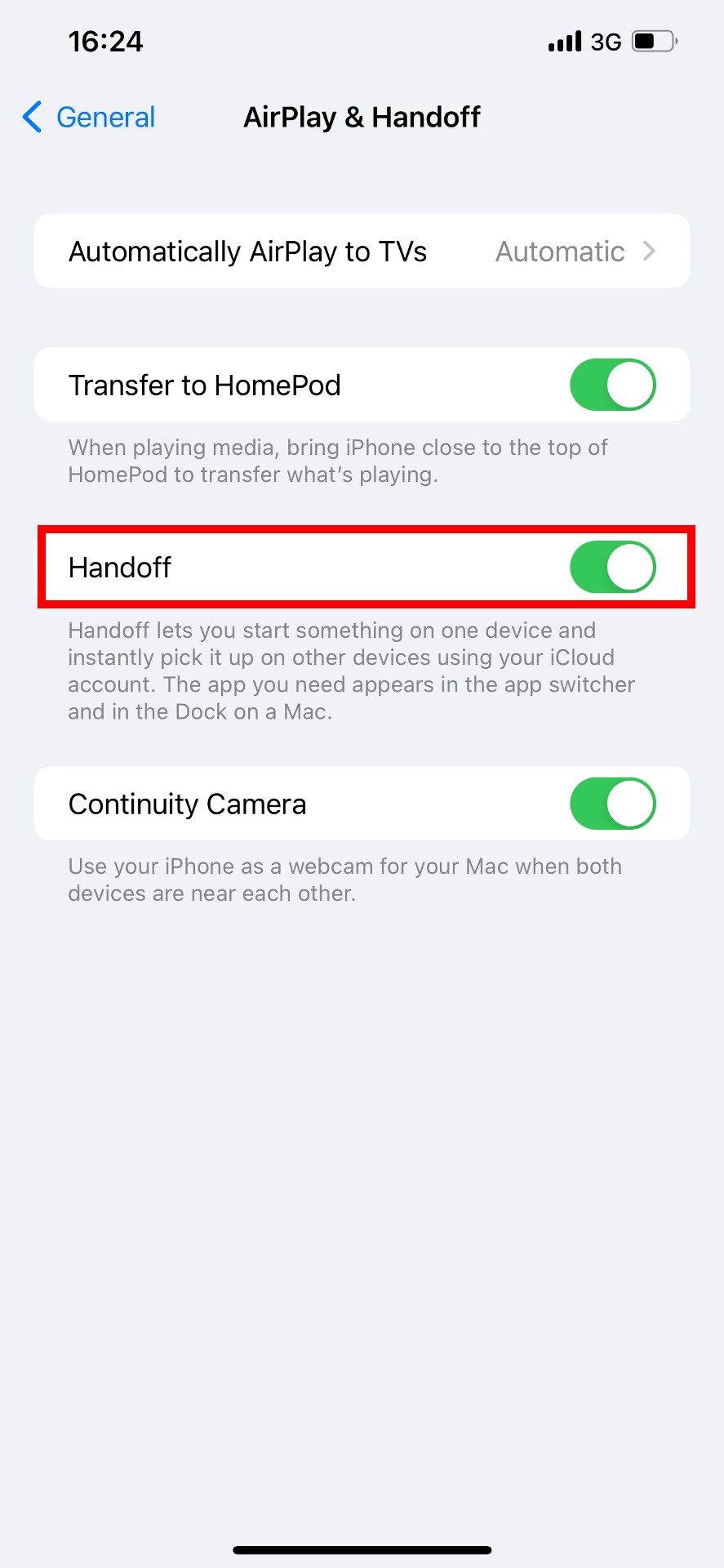 iOS AirPlay & Handoff settings with "Handoff" highlighted