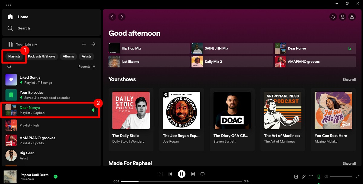 Spotify desktop app home page with a the "playlist" button and a playlist highlighted