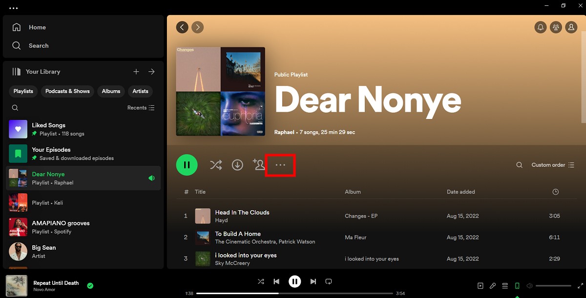 Spotify playlist with the more options button highlighted