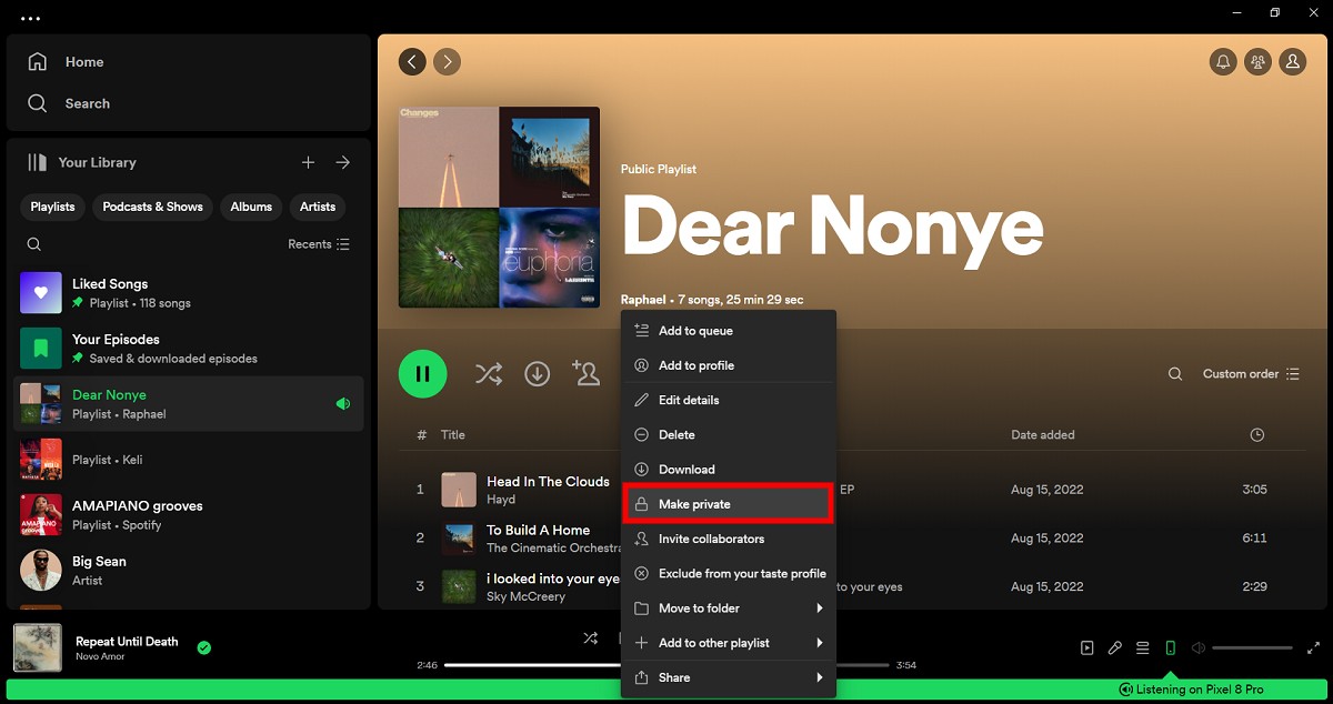 Spotify playlist options page with "Make private" option highlighted