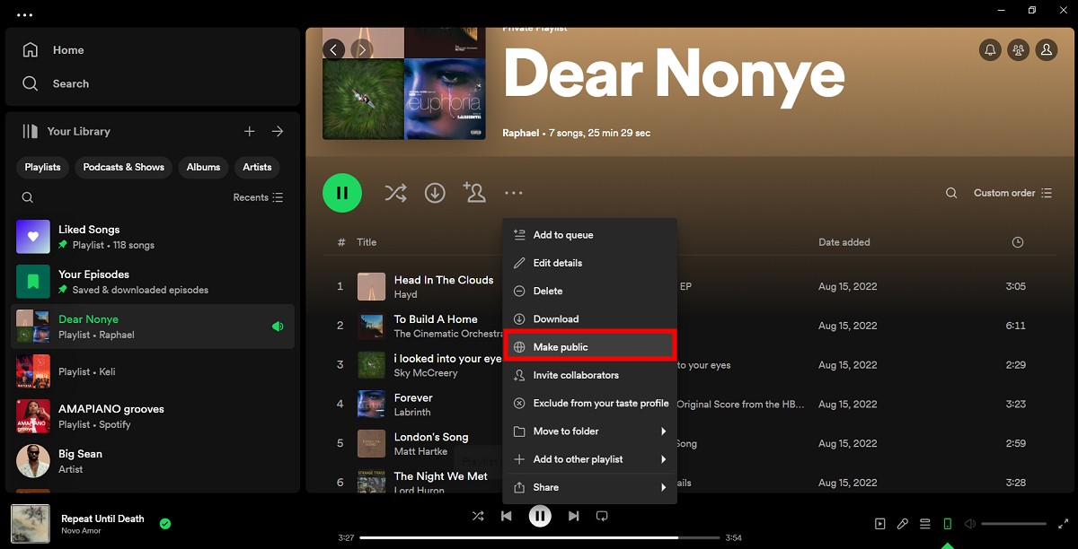 Spotify playlist options page with "Make public" option highlighted