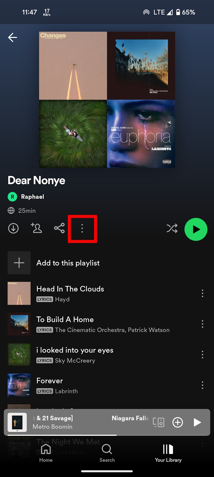Spotify playlist with the more options button highlighted