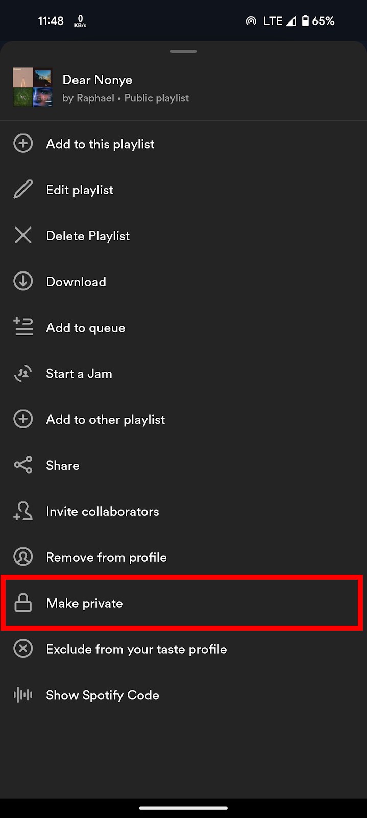 Spotify playlist options page with "Make private" option highlighted