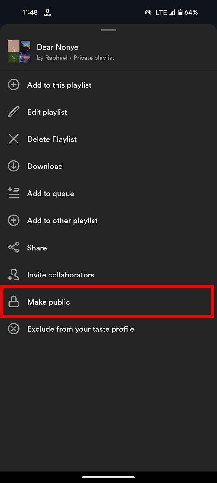 Spotify playlist options page with "Make public" option highlighted