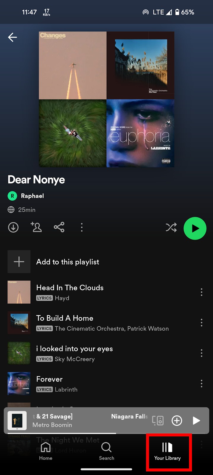 Spotify playlist page with "Your Library" highlighted
