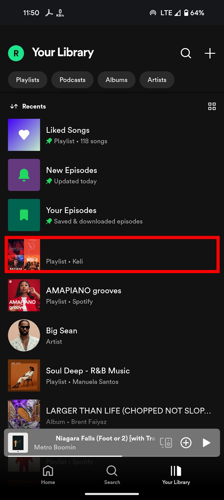 Spotify library page with a playlist highlighted