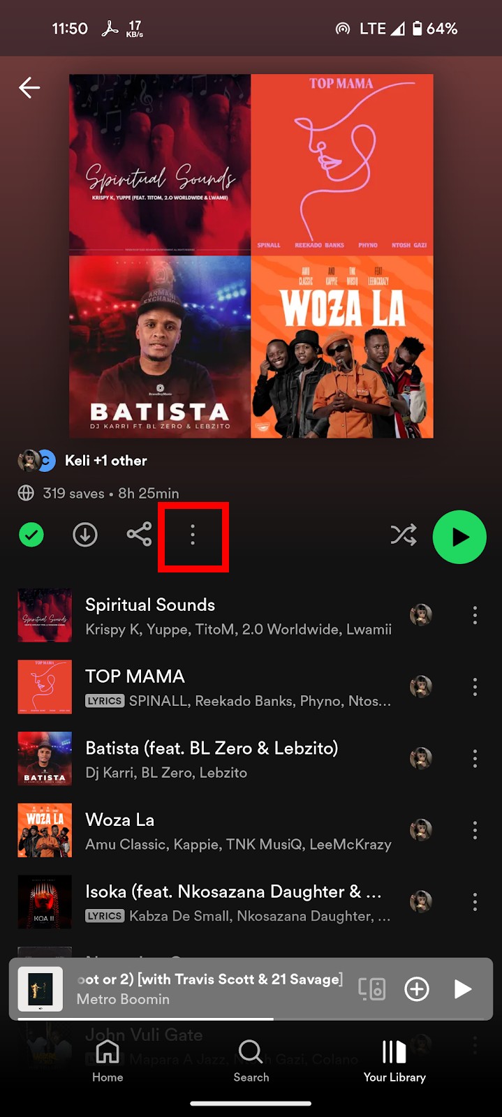 An open Spotify playlist with the more options button highlighted