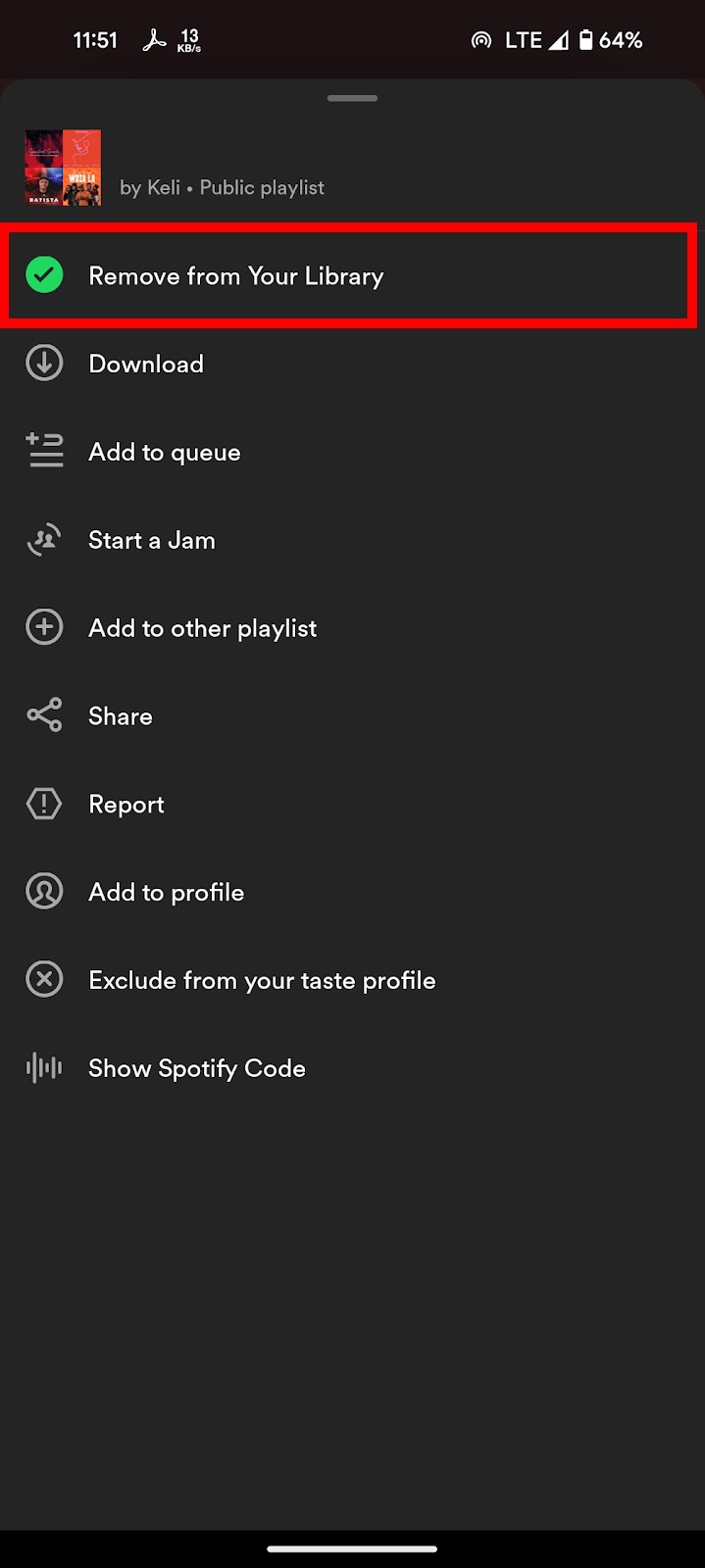 Spotify playlist options with the "Remove from Your Library" option highlighted