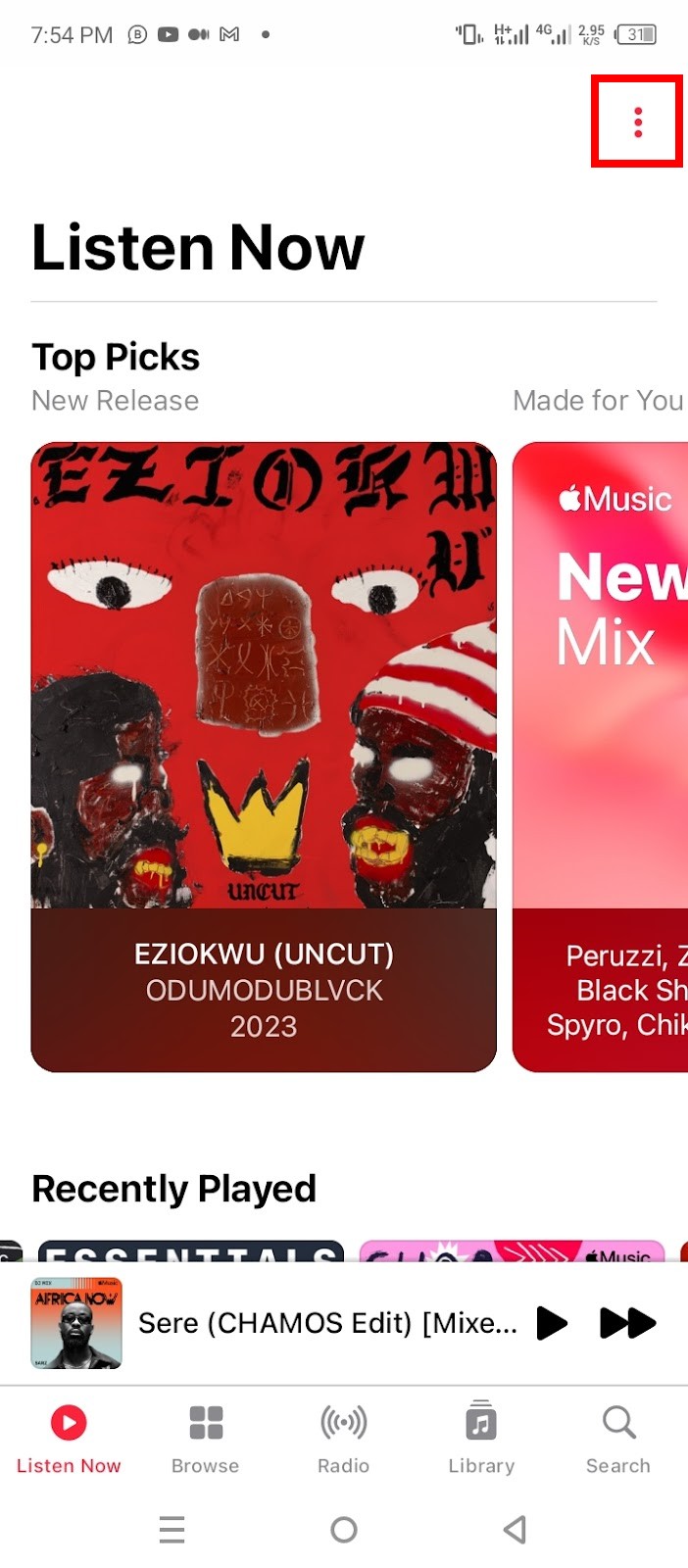Apple Music player with More Options icon highlighted