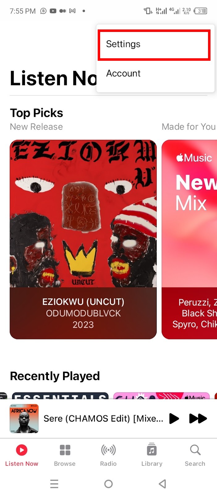 Apple Music player with Settings highlighted