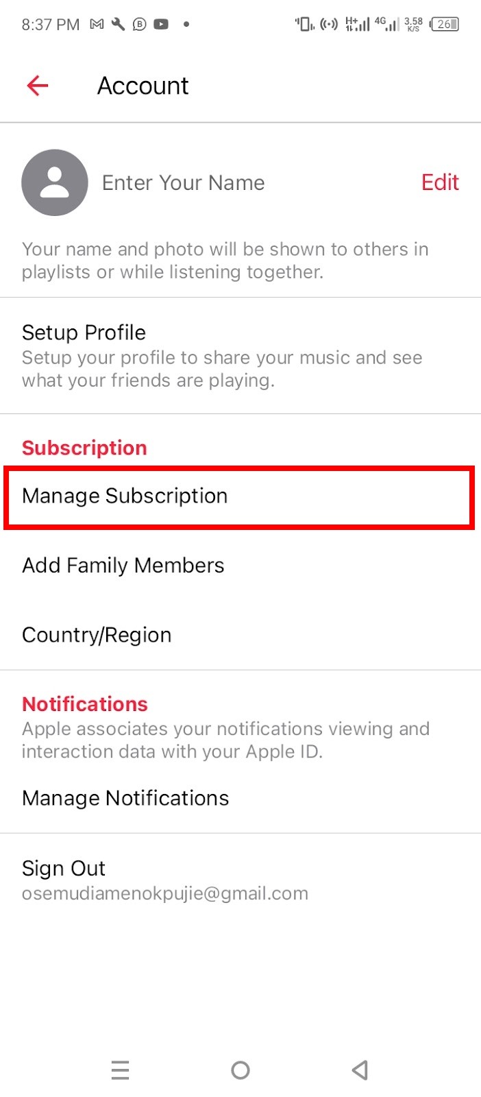 Apple Music settings with Manage subscription highlighted
