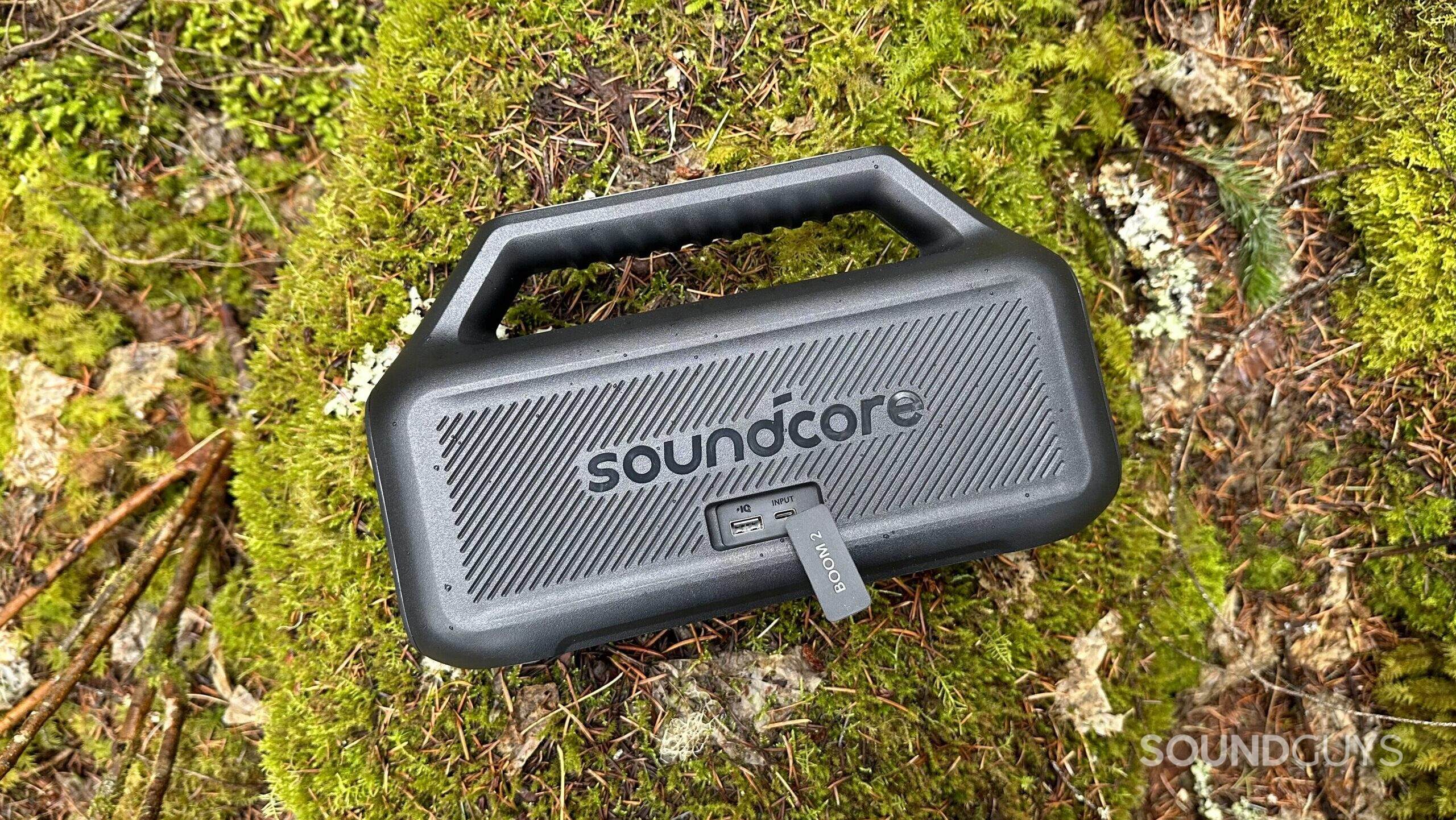 Top view of the back of the Anker Soundcore Boom 2, showing the charging ports.
