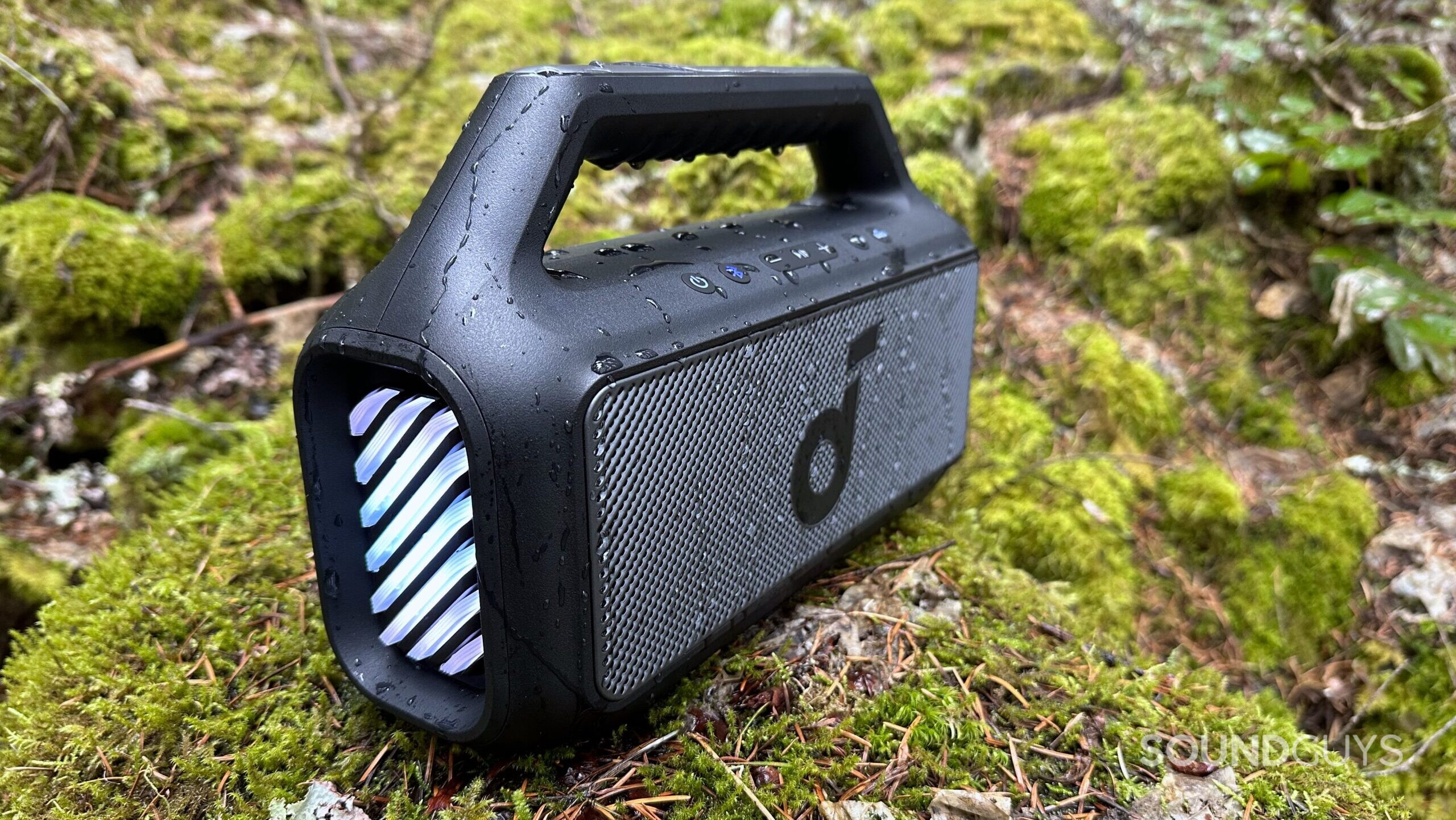 Side view of the Anker Soundcore Boom 2 with water droplets