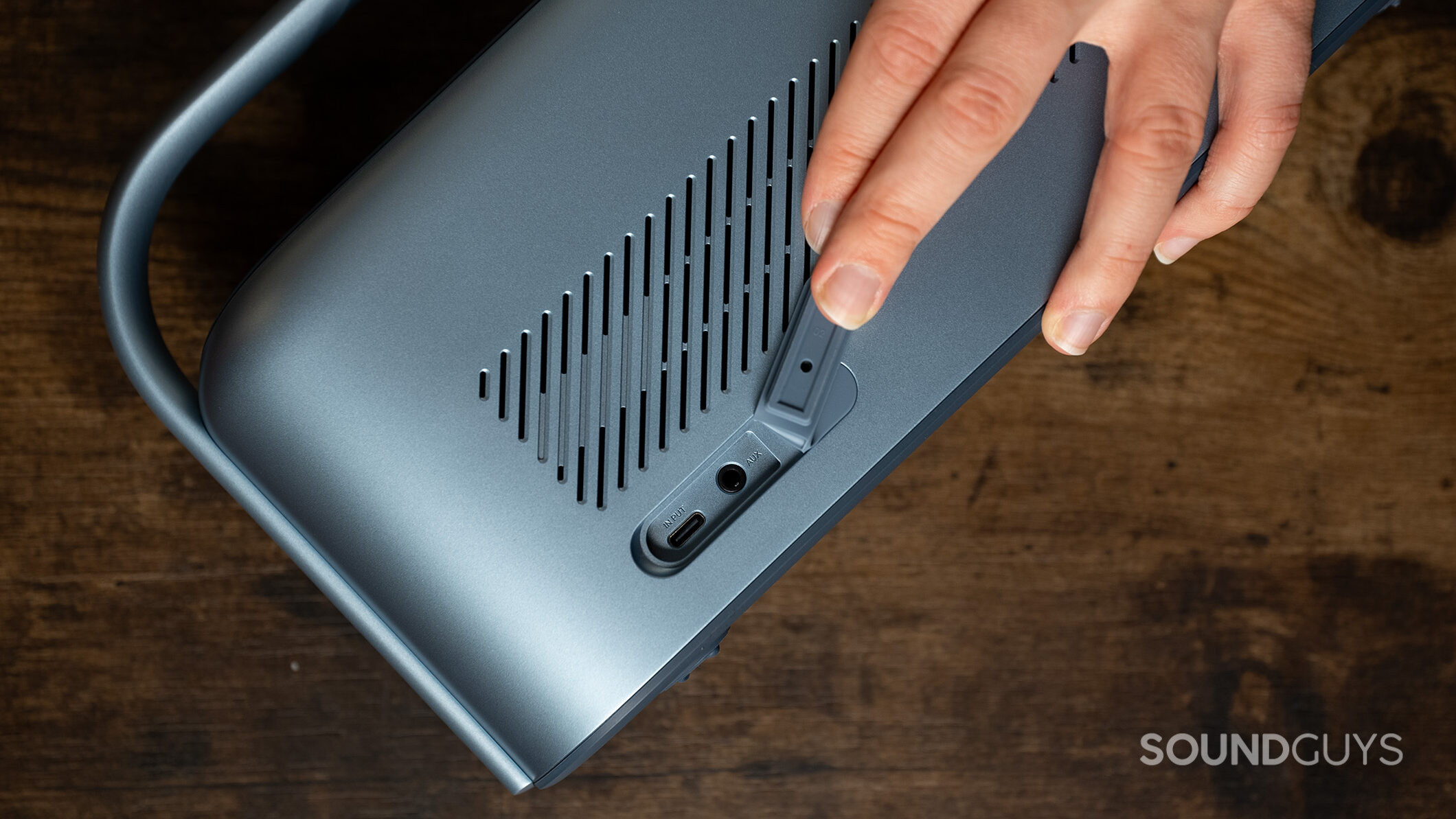 A closeup of the USB-C and 3.5mm ports on the Anker Soundcore Motion X600. 