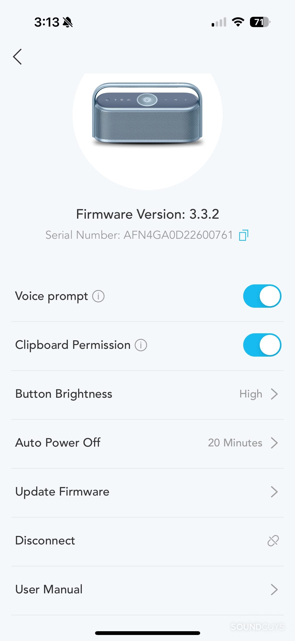 Anker Soundcore Motion X600 firmware and settings screen.