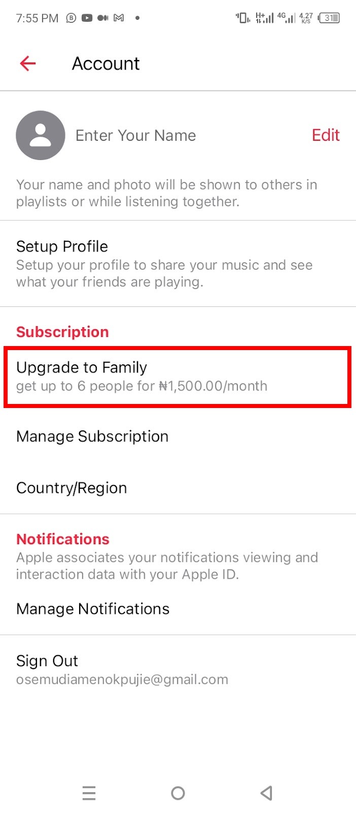 Apple Music settings with Upgrade to Family highlighted