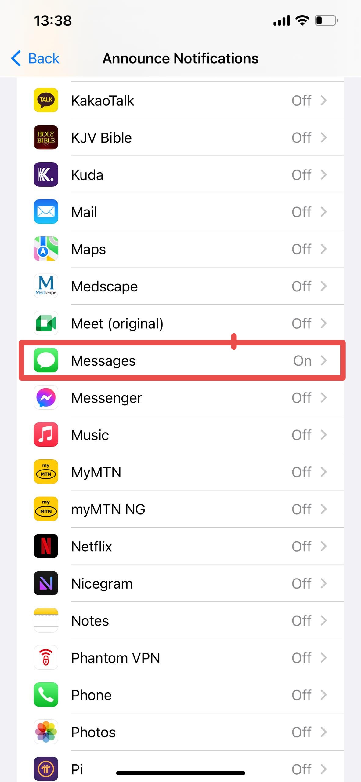 iPhone Announce Notification settings with Messages highlighted