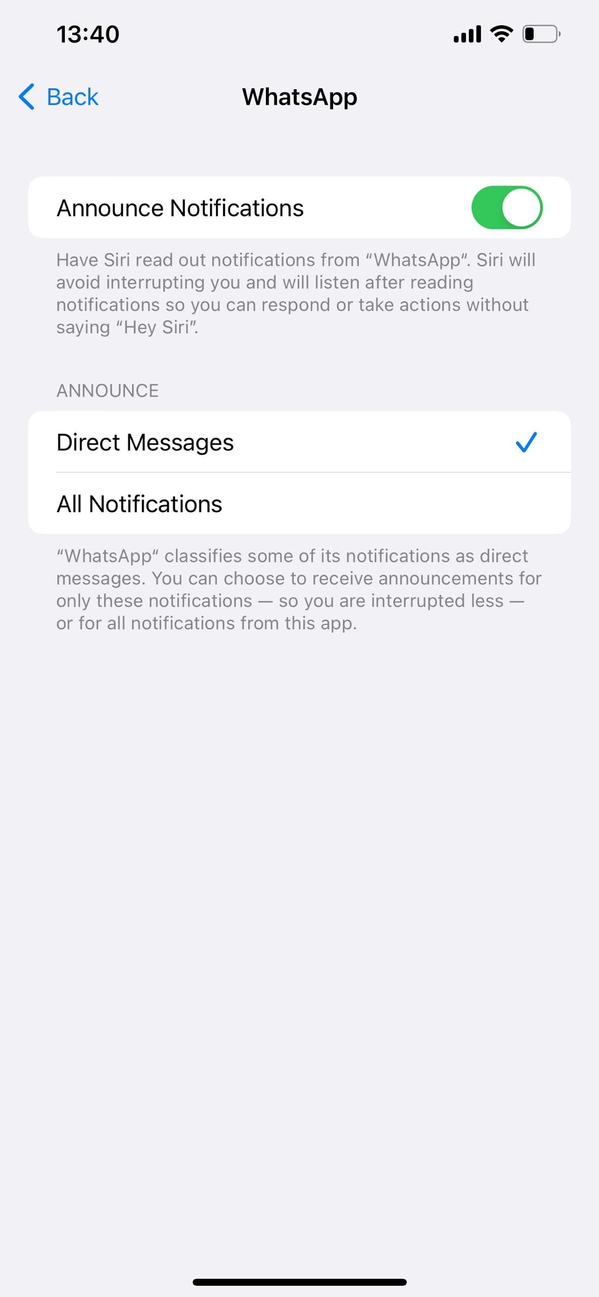 iPhone Announce Notification settings for WhatsApp