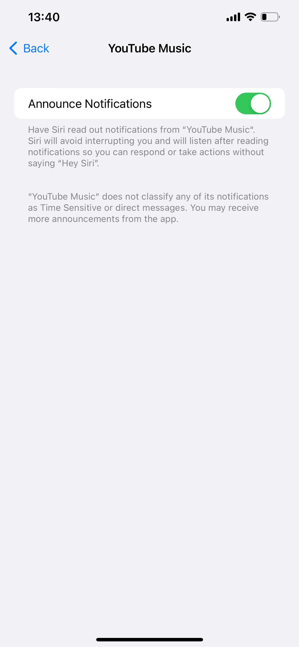 iPhone Announce Notification settings for YouTube Music