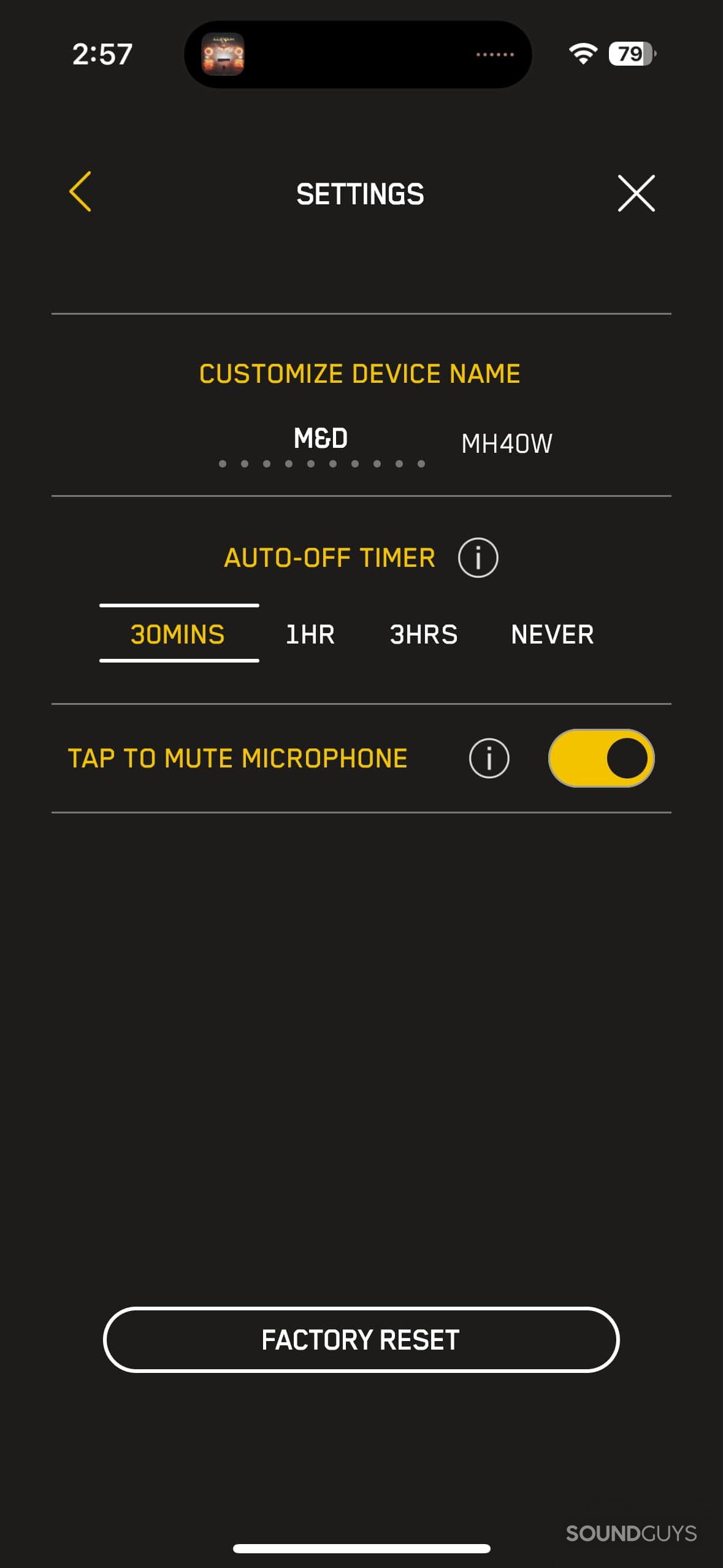 Master & Dynamic MH40 M&D Connect app settings.