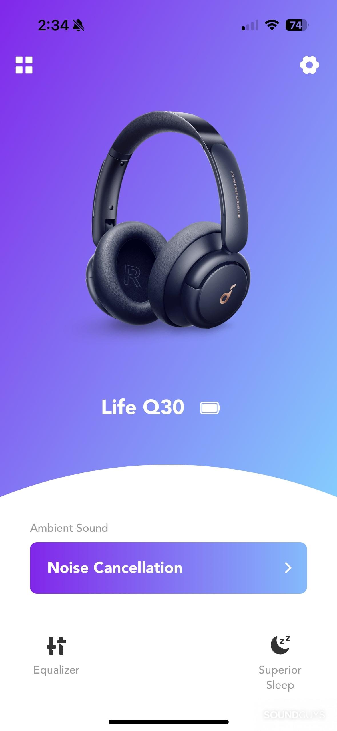 Anker Soundcore Life Q30 Soundcore app homescreen.