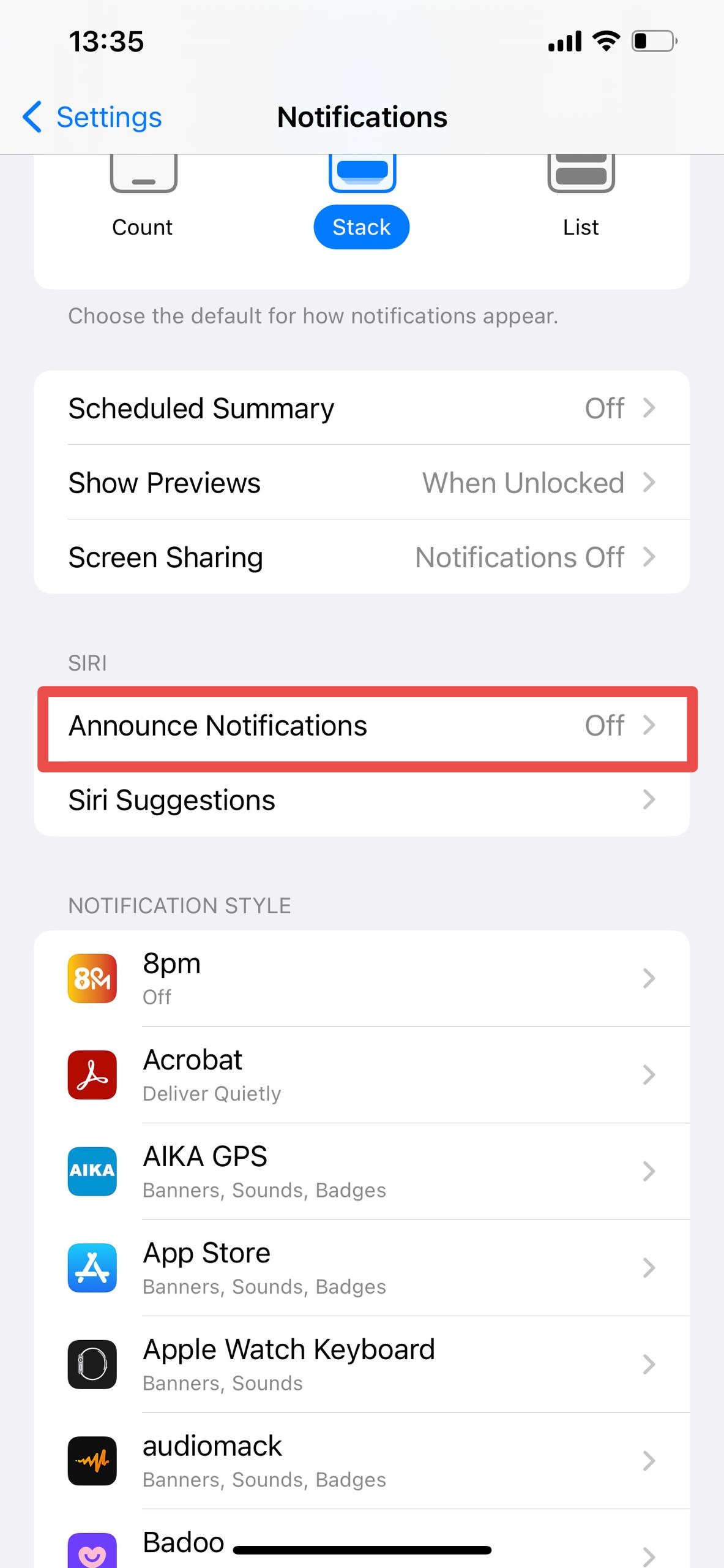 iPhone Notification settings with Announce Notifications highlighted