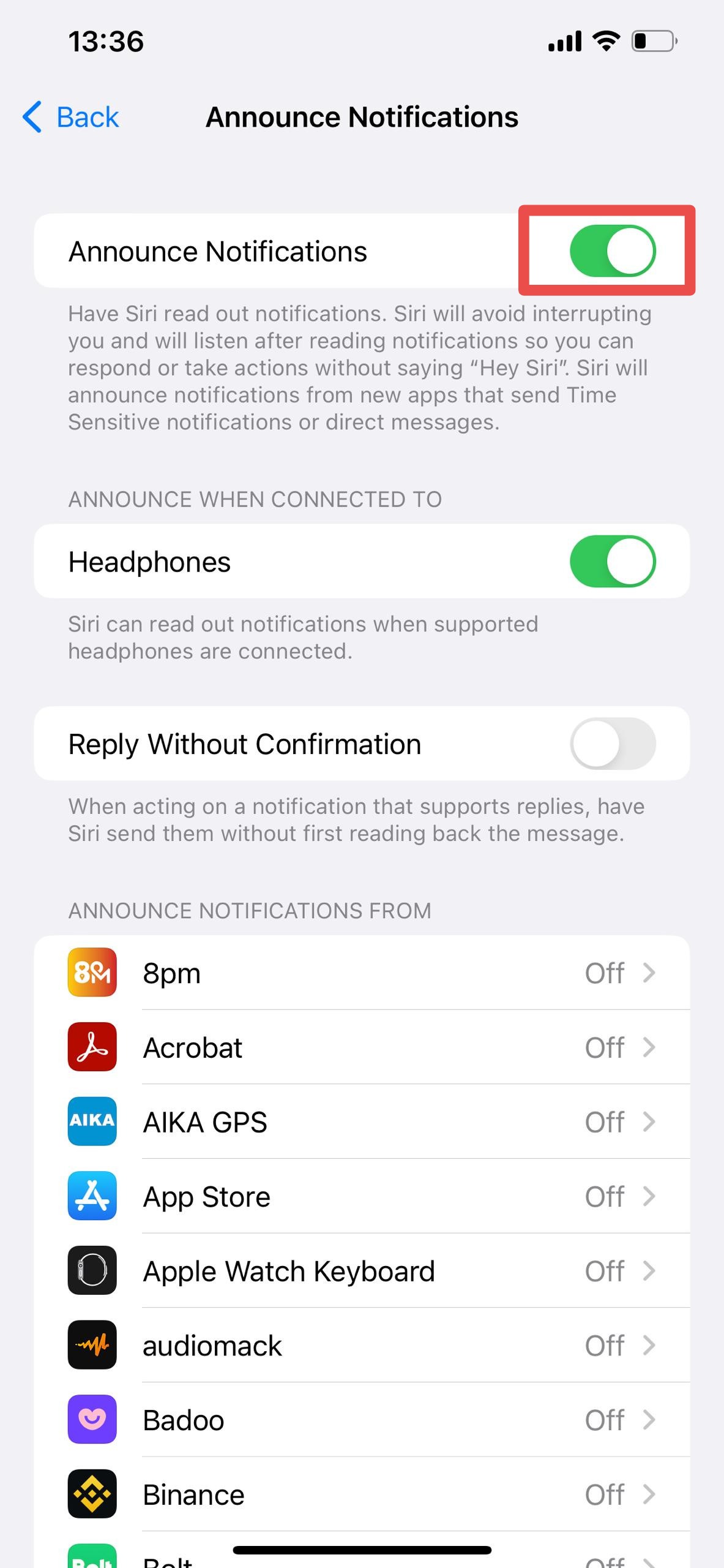 iPhone Announce Notification settings with the toggle highlighted