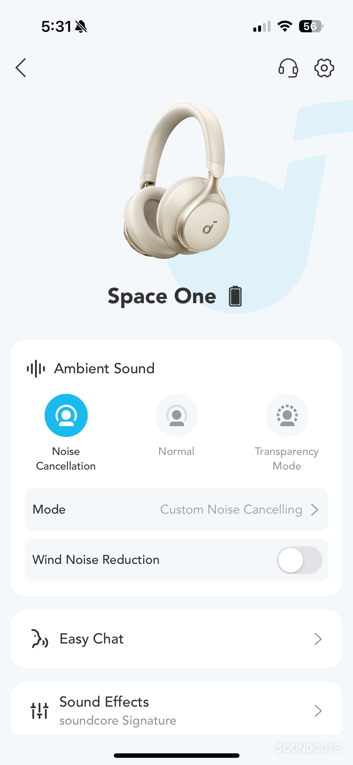 A screenshot of the Soundcore app home screen for the Space One headphones.