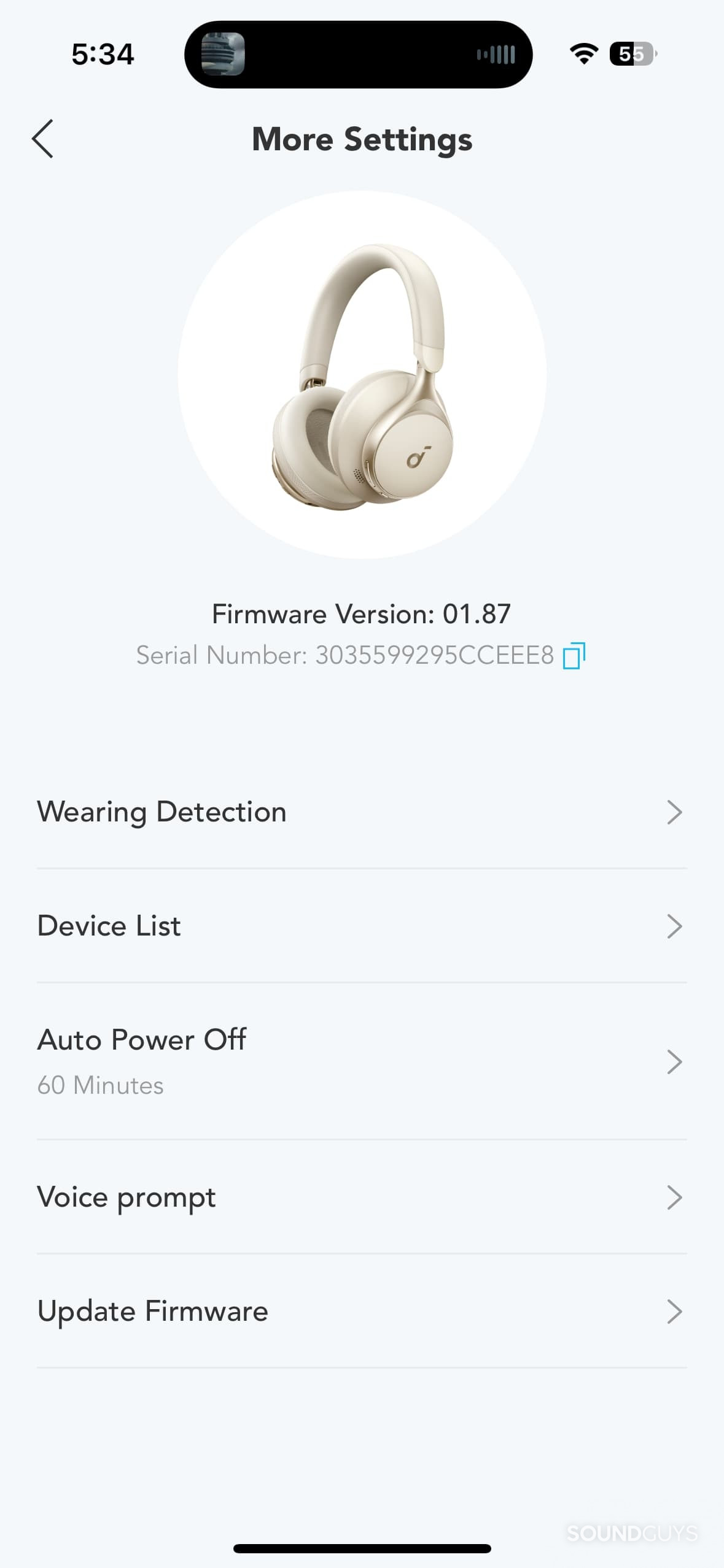 A screenshot of the Soundcore app settings for the Space One headphones.