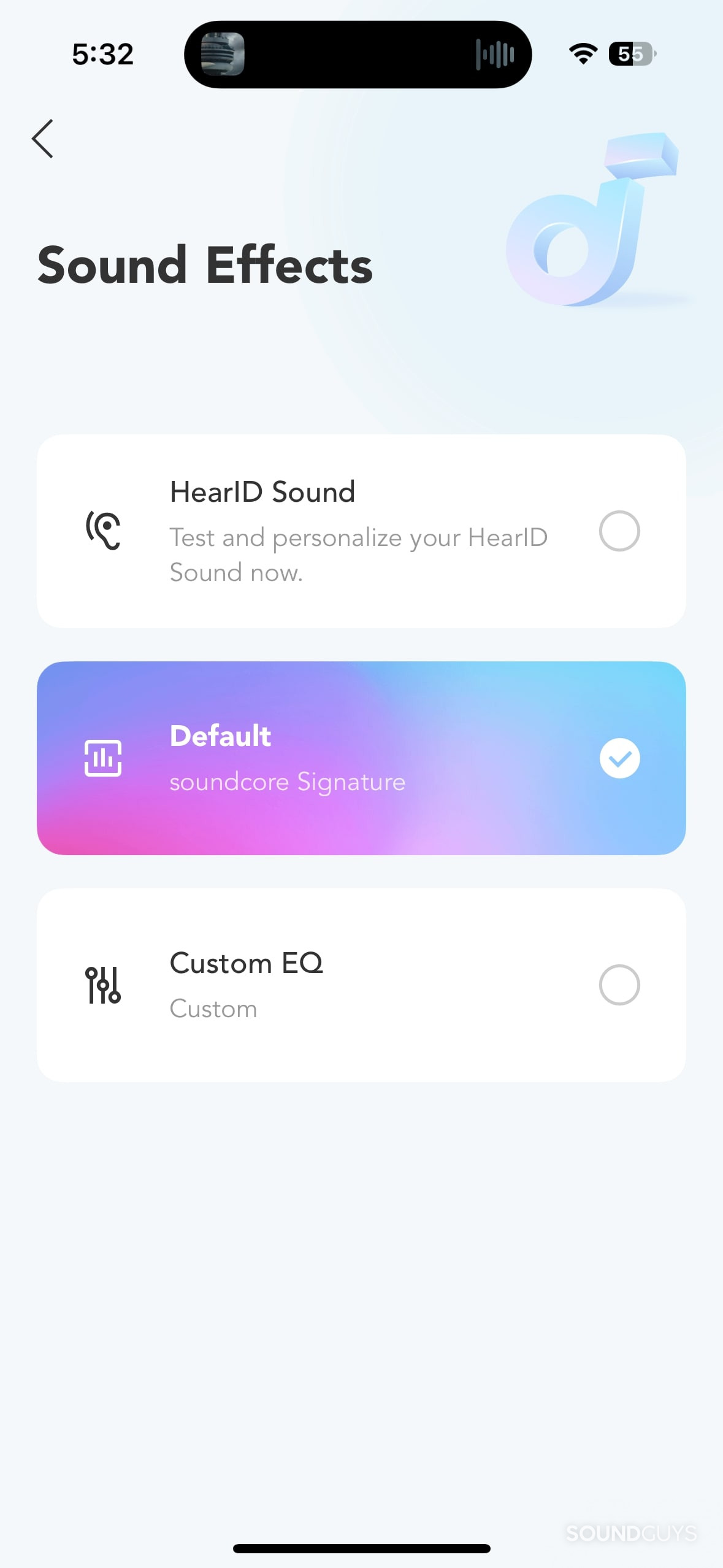 A screenshot of the Soundcore app showing the equalizer settings for the Space One headphones.