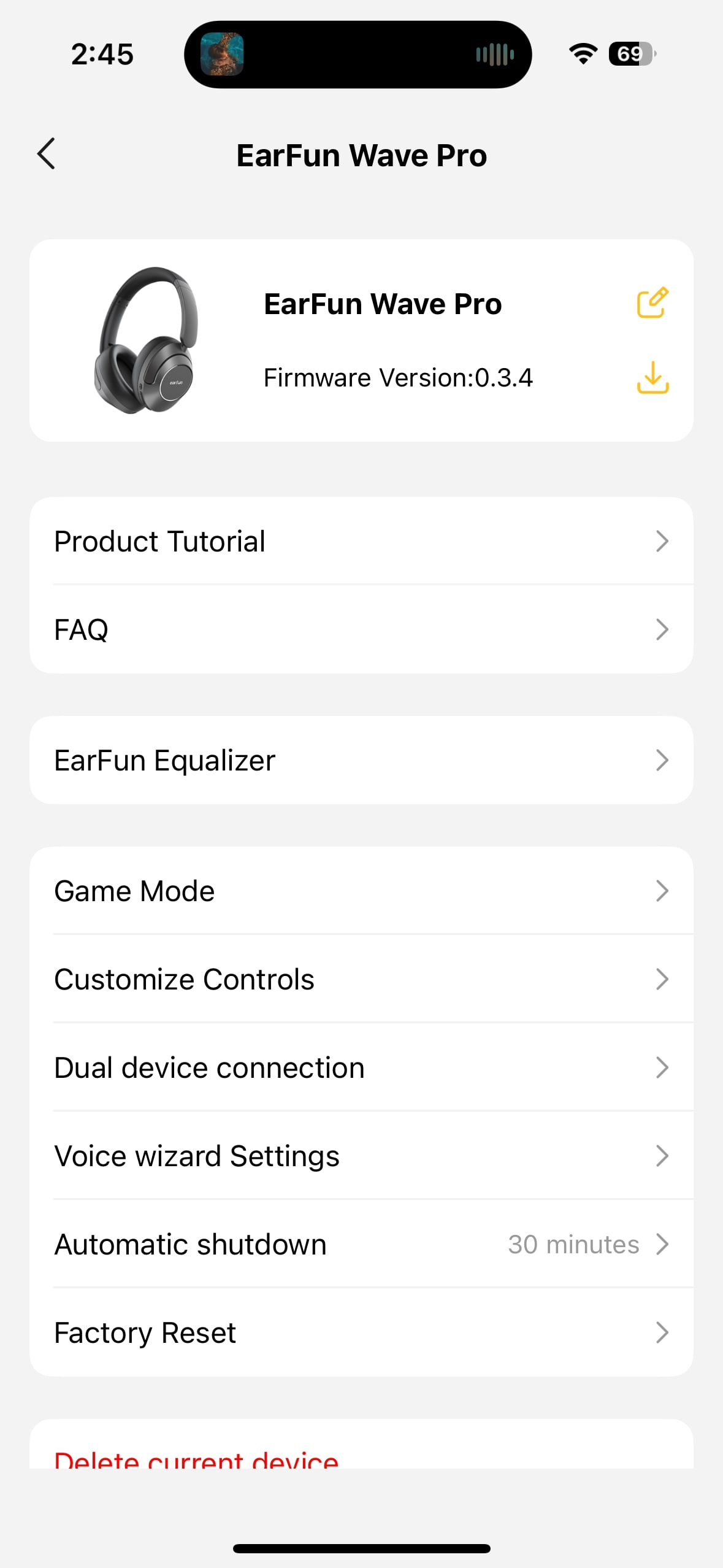 EarFun Wave Pro app settings.