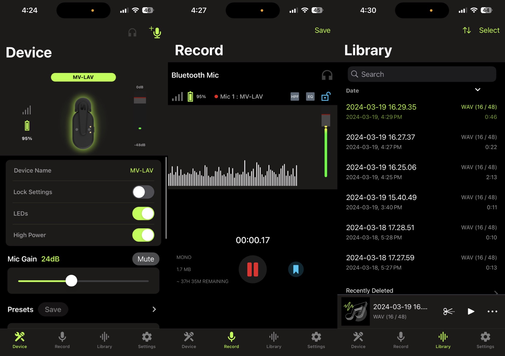 Screen shot of the Shure MOTIV app showing microphone controls, recordings and library of files.