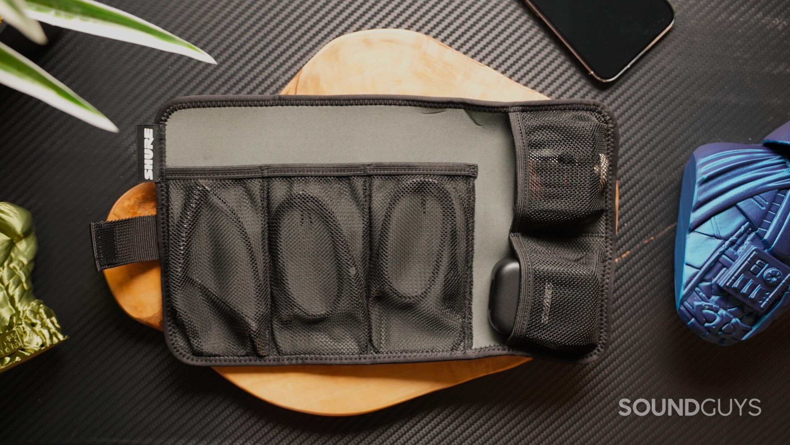 Top view of the the Shure MoveMic and it's components inside the provided carrying case
