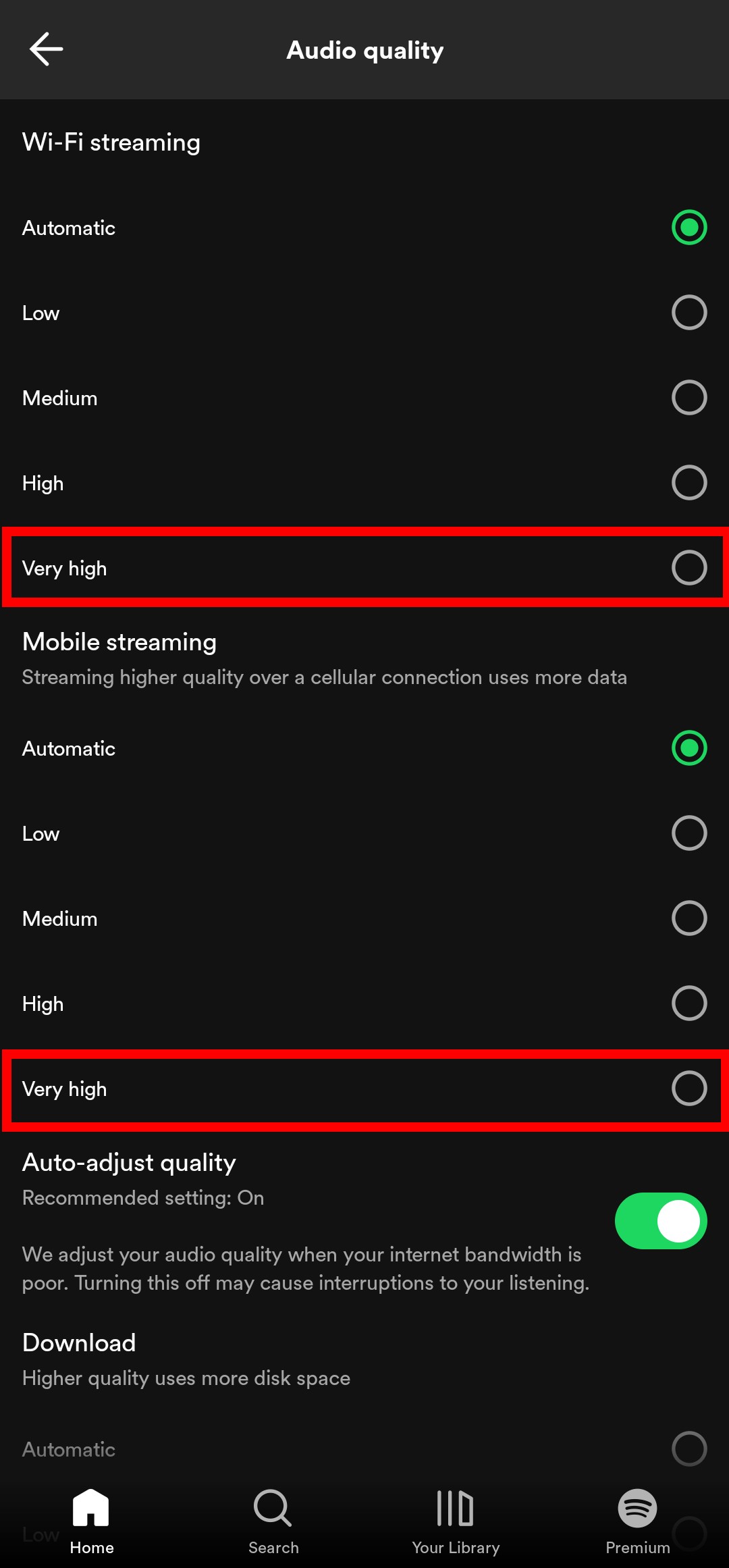 Spotify audio quality settings