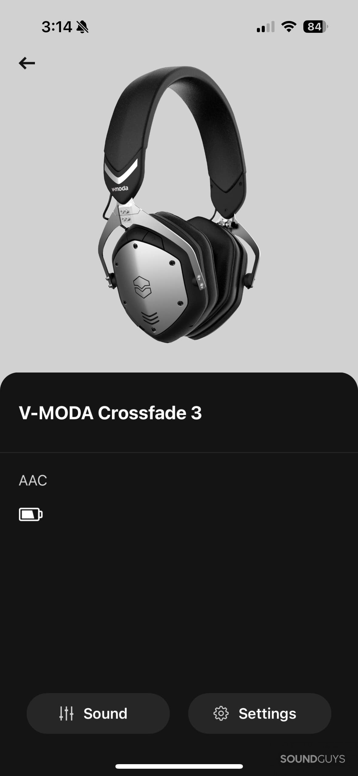 A screenshot of the V-MODA Crossfade Wireless 3 headphone editor app showing codec and battery life.