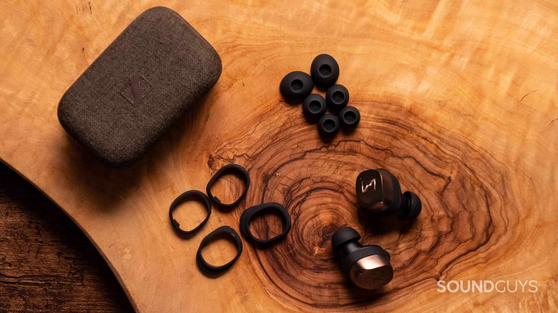 A photo of all the accessories included with the Sennheiser MOMENTUM True Wireless.