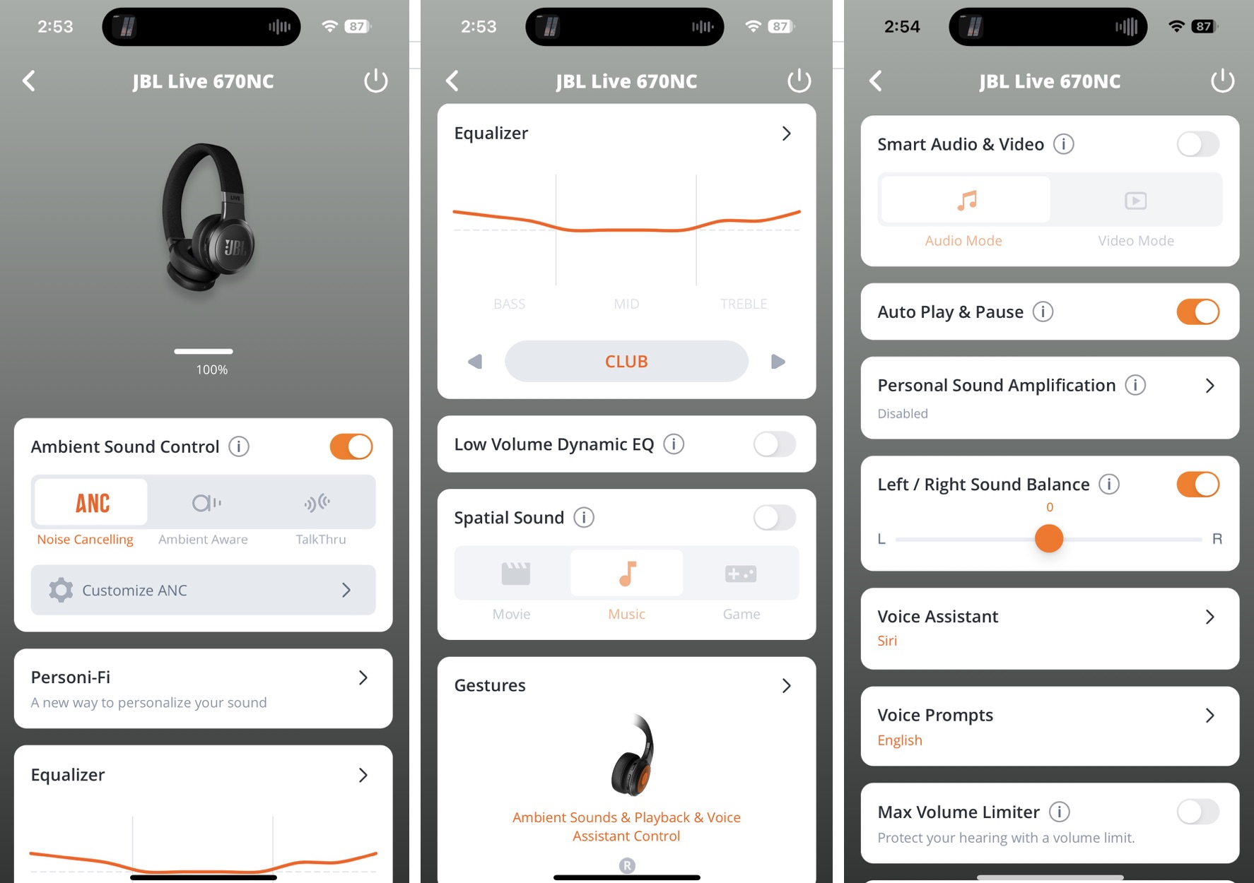 Screen shot of the JBL Headphones app showing EQ and various headphone settings