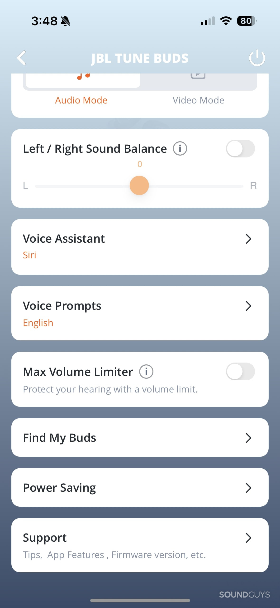 JBL Tune Buds Headphones app additional settings.