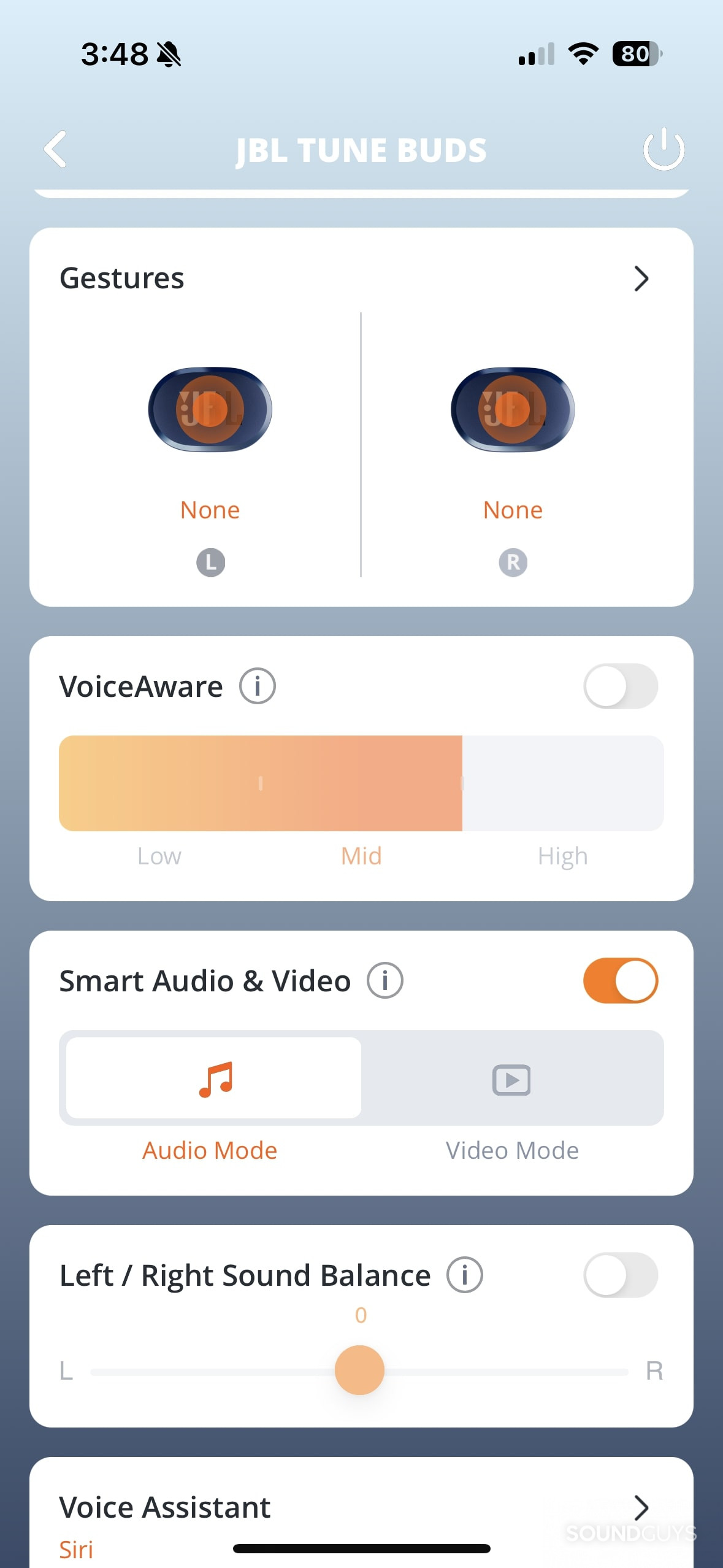 JBL Tune Buds Headphones app gesture controls.