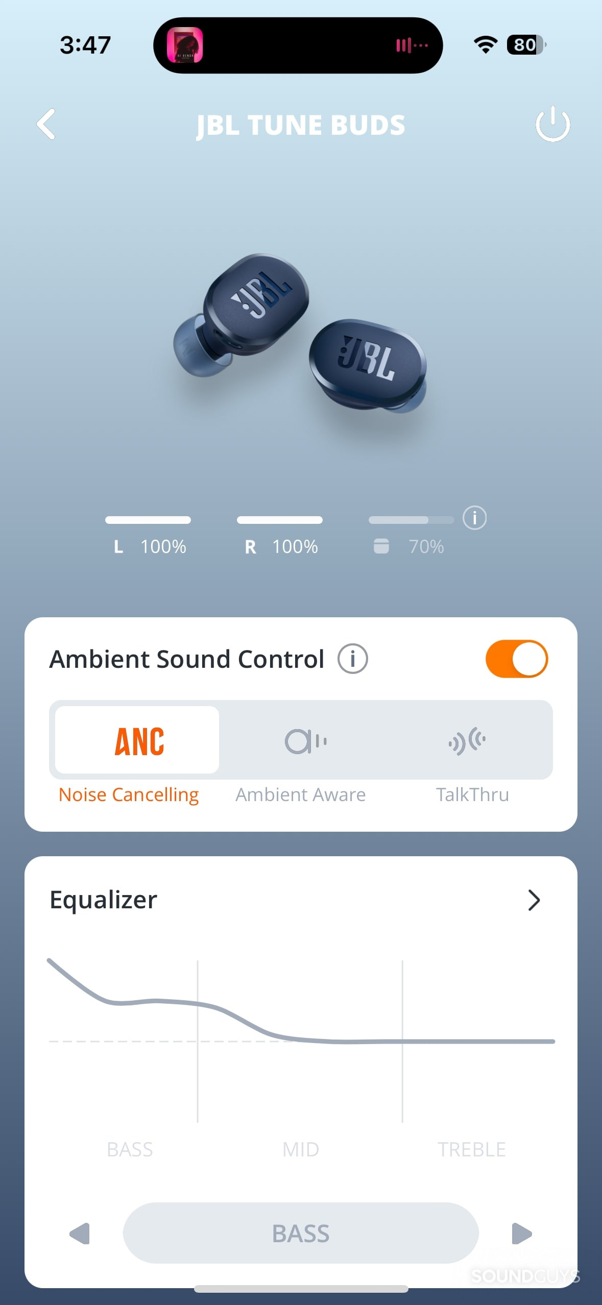 JBL Tune Buds Headphones app home screen with battery information and sound control.