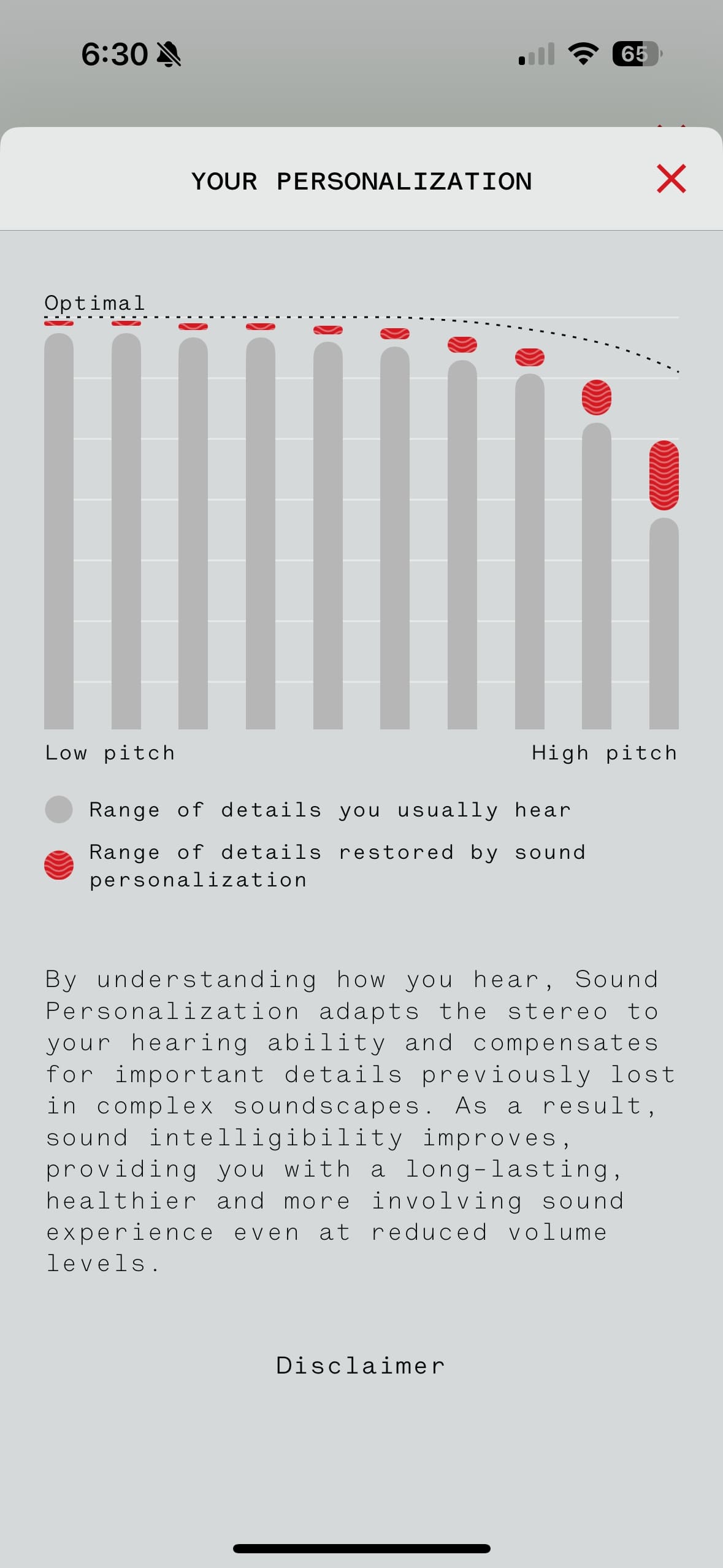 A screenshot of the Nothing X app showing the sound personalization feature.