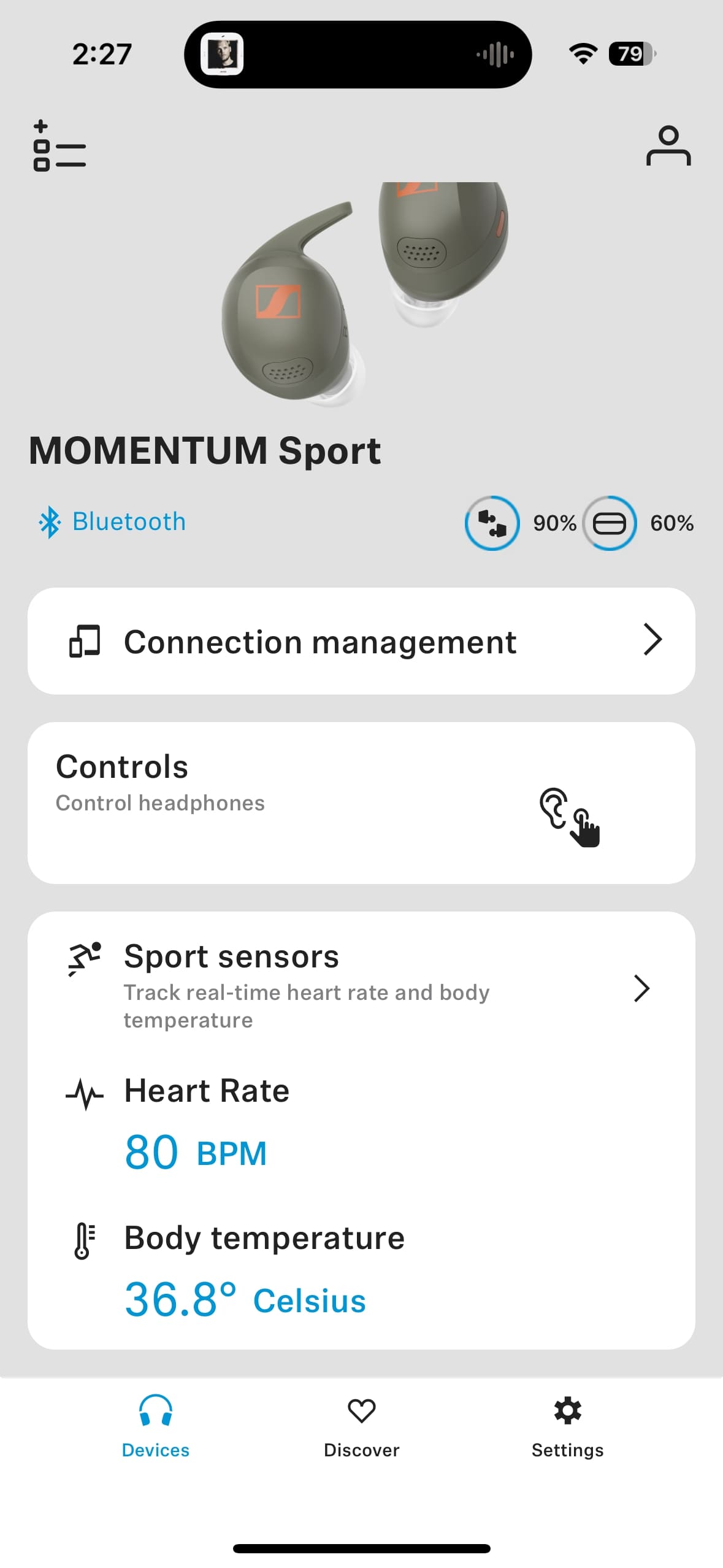 Sennheiser MOMENTUM Sport Smart Control app home screen showing biometric data.