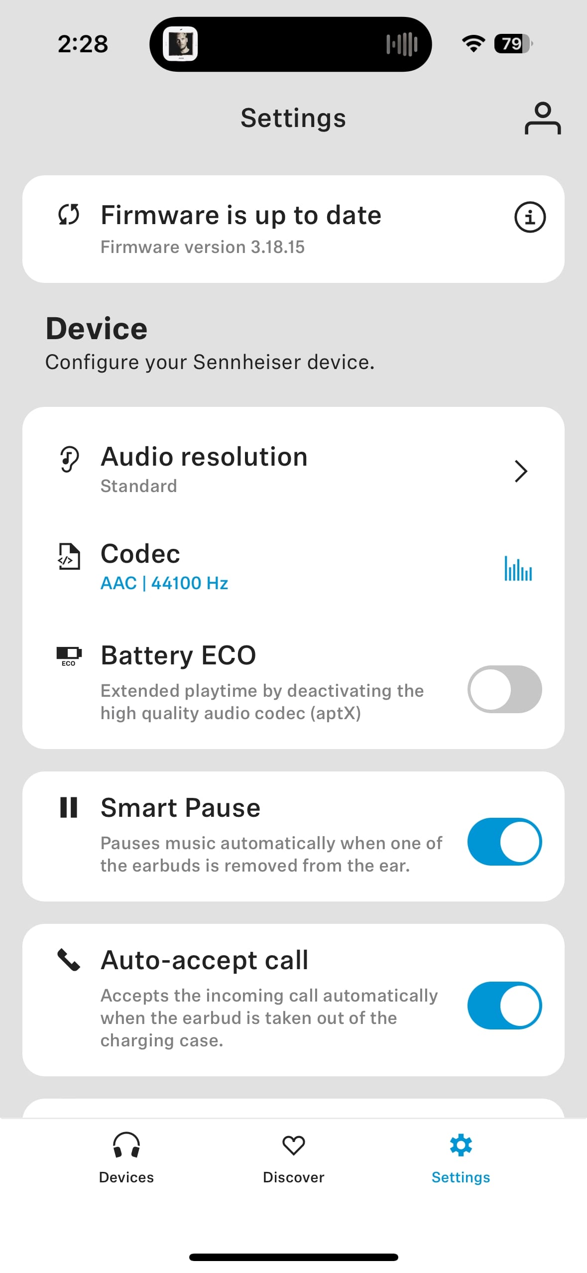 Sennheiser MOMENTUM Smart Control app settings.