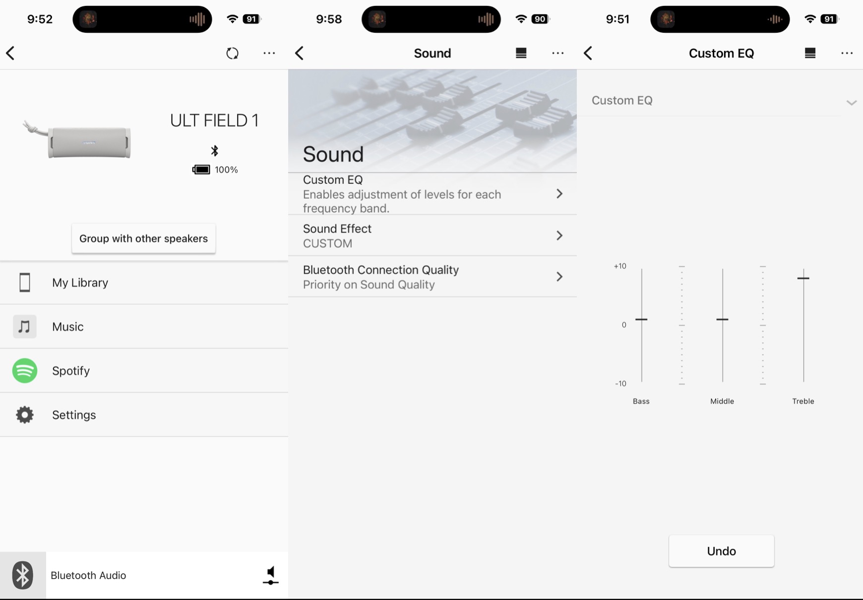 A screen shot of the Sony Music Center app, showing various control and EQ options. 