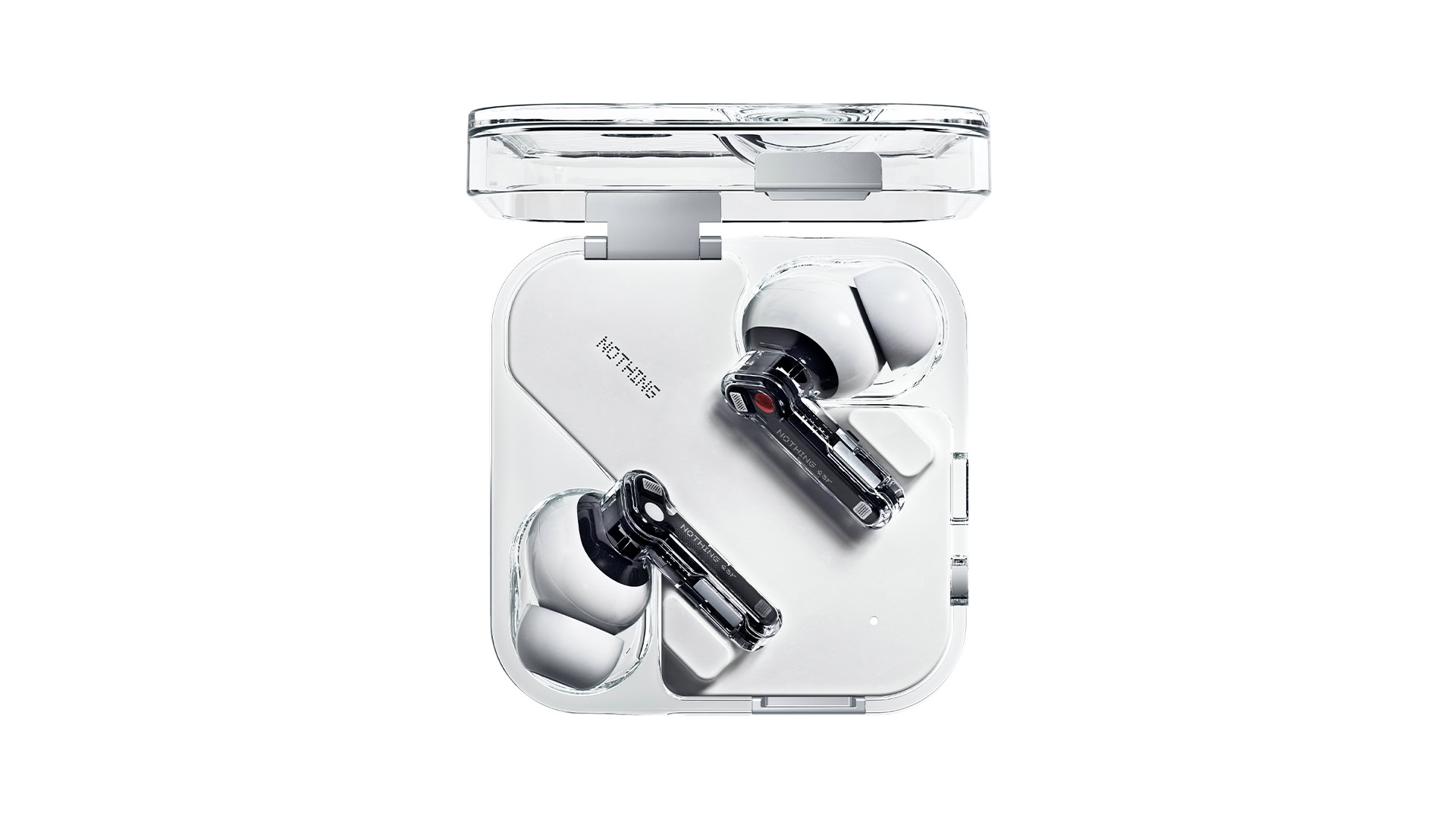 A manufacturer's photo of the Nothing Ear in its charging case, shown here in white.