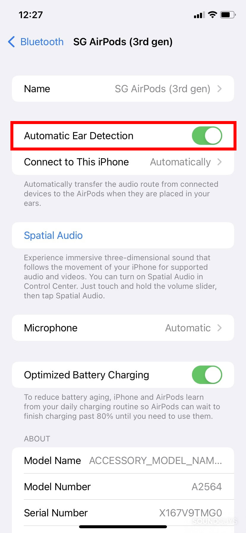 AirPods settings page with Automatic Ear Detection highlighted