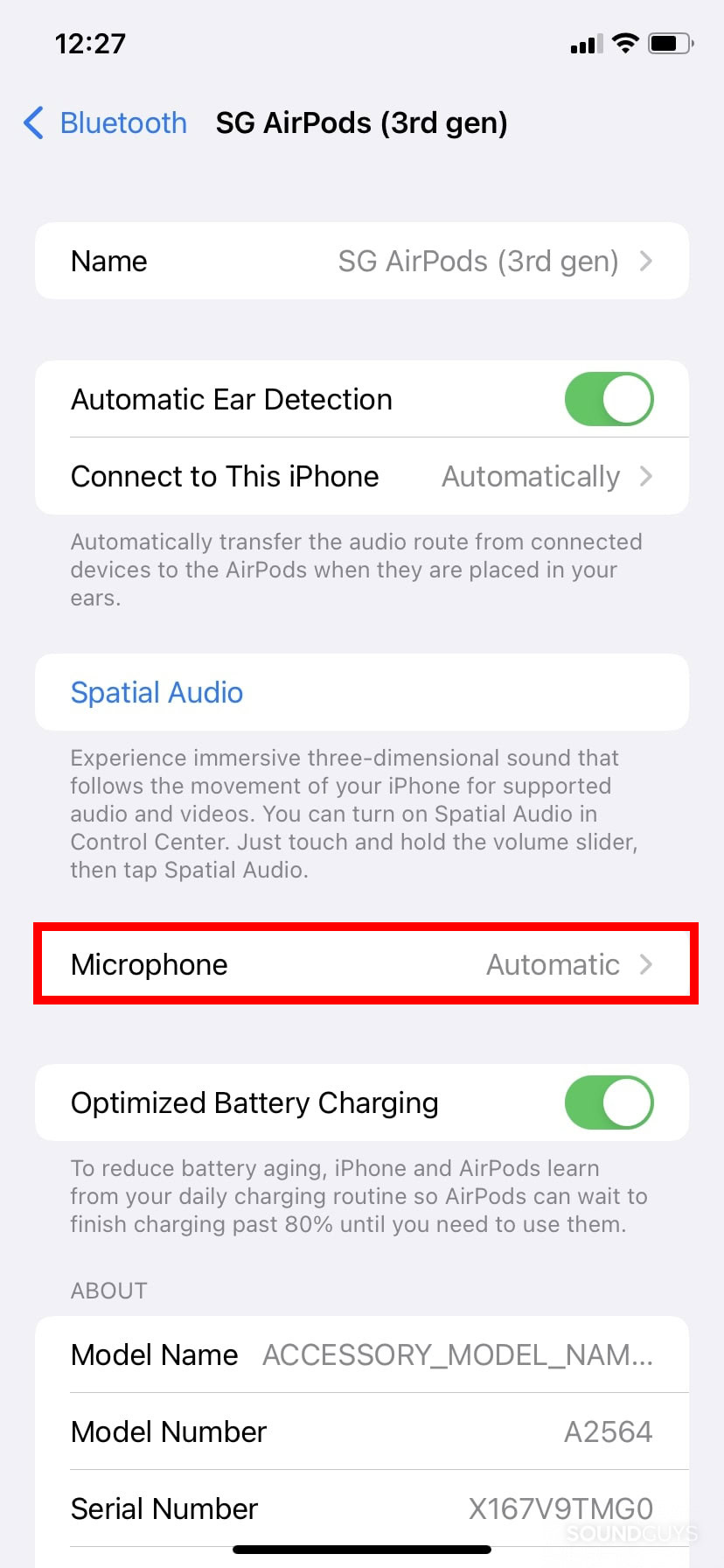 AirPods settings page with Microphone highlighted