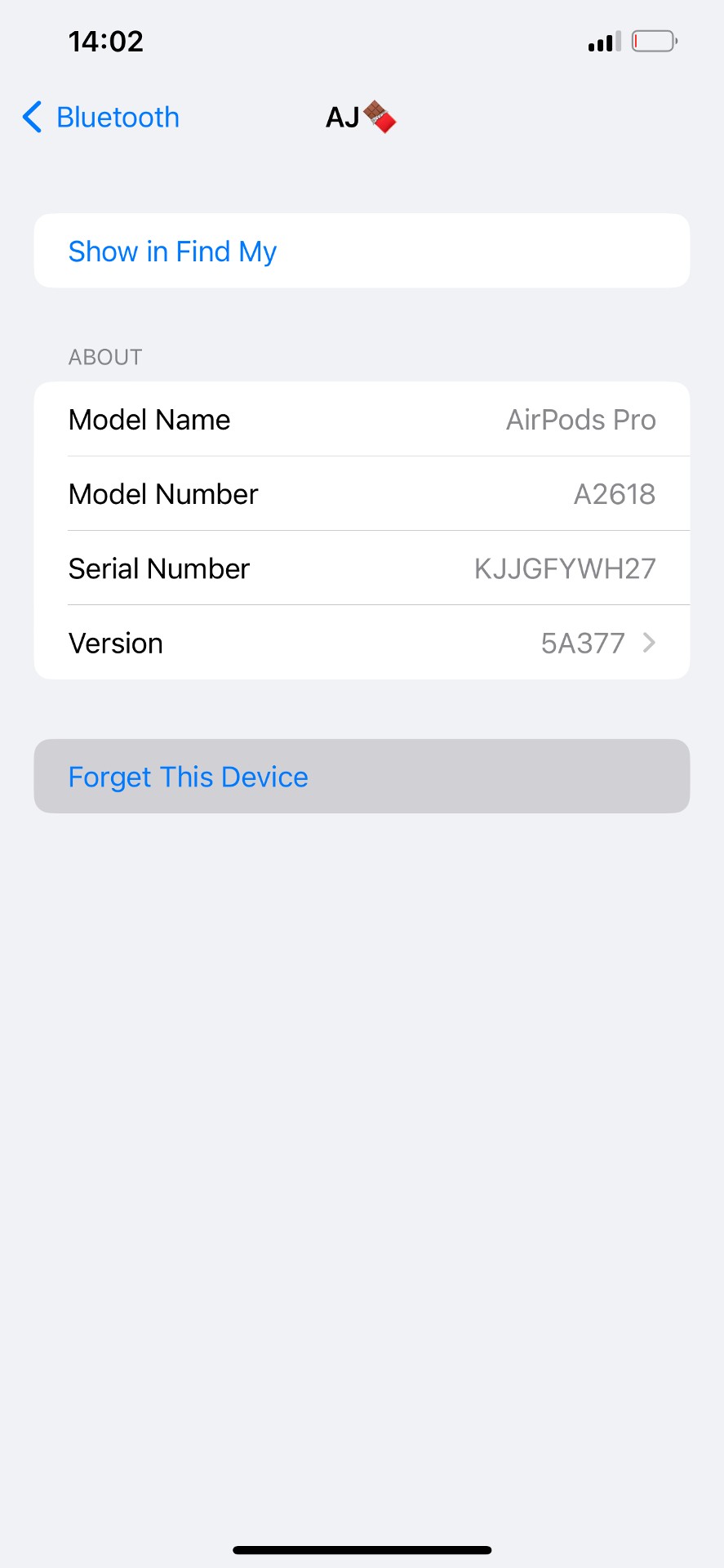 AirPods settings showing firmware version