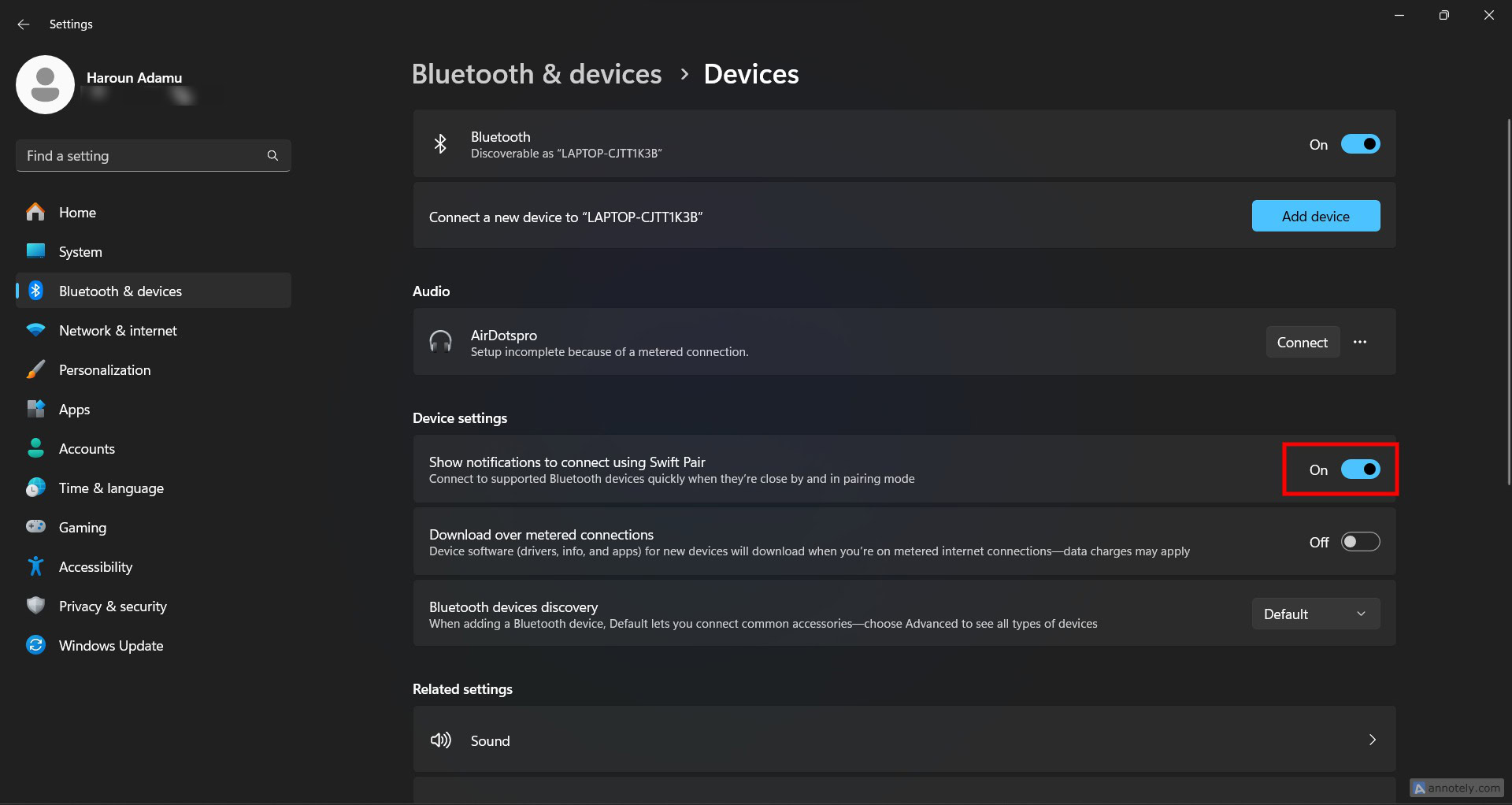 Windows Bluetooth settings